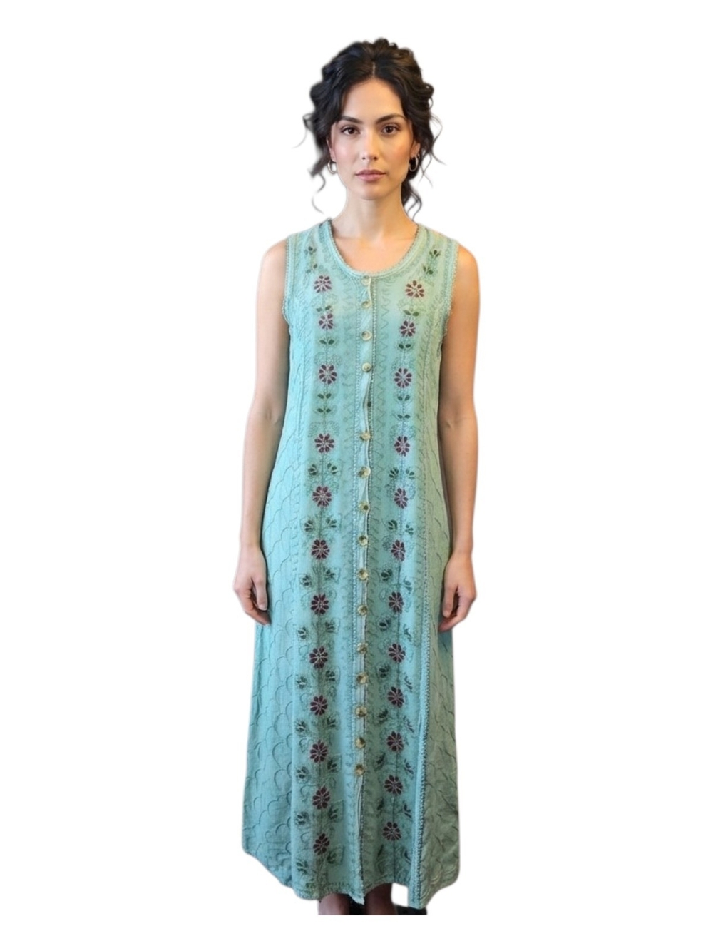 Sleeveless Mint Green Embroidered Button-Front Maxi Dress Size Small